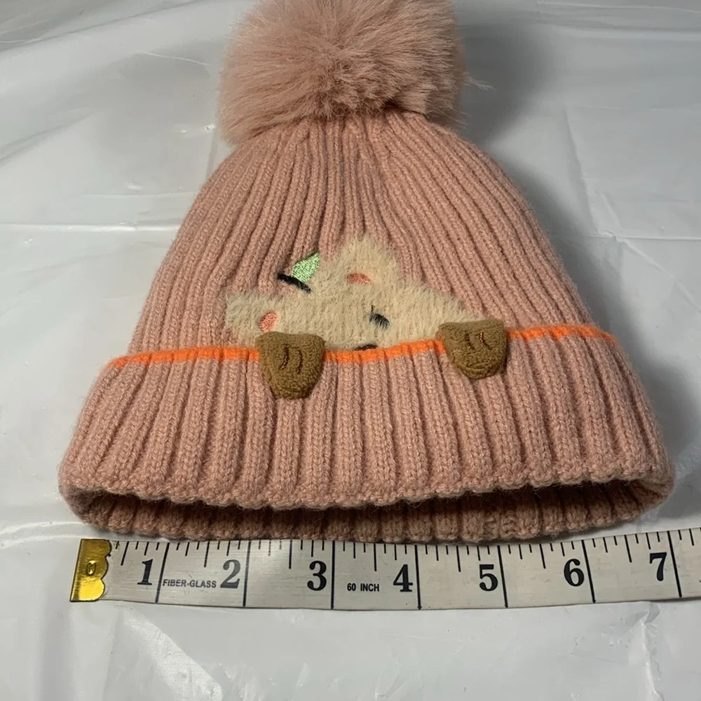 Kids Cute Kitten Blush Pink 3 D Knit Pom Pom Winter Beanie